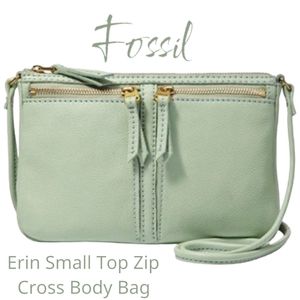 Fossil Erin compact Leather Crossbody Bag sea foam green exterior Zip pockets